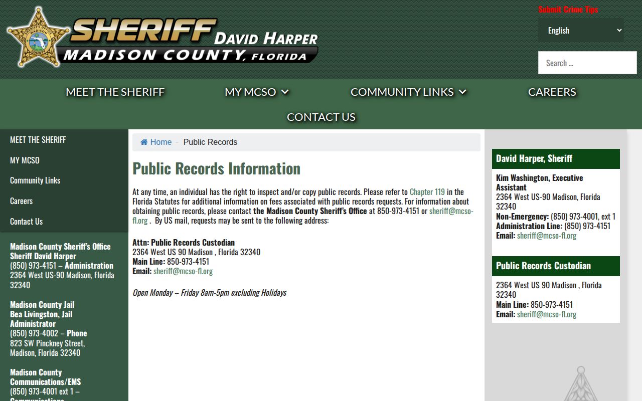 Madison County booking record public-records request page