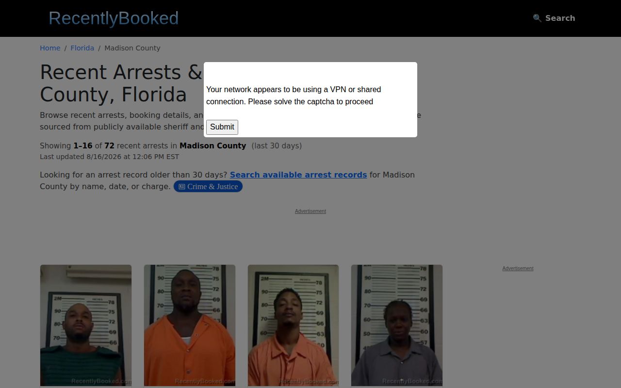 Unofficial RecentlyBooked Madison County booking records page
