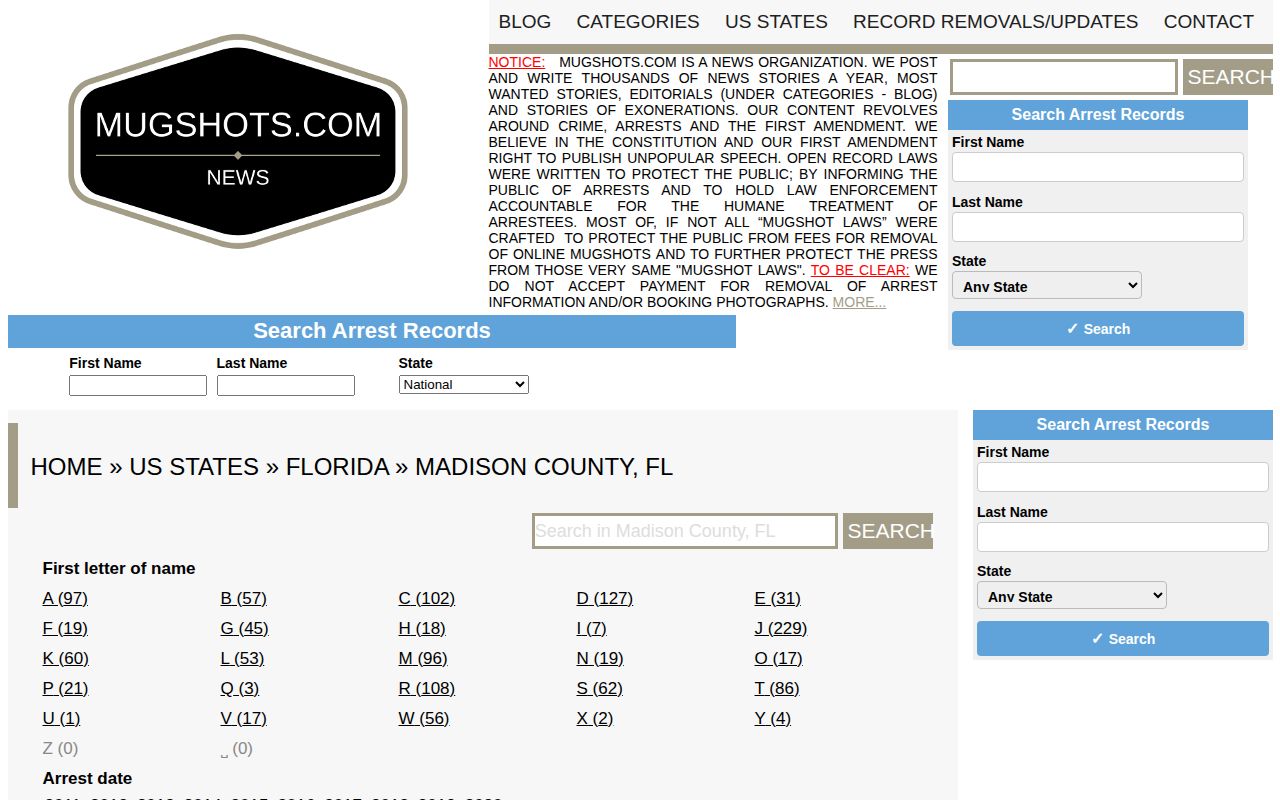 Stale unofficial Mugshots.com Madison County archive warning
