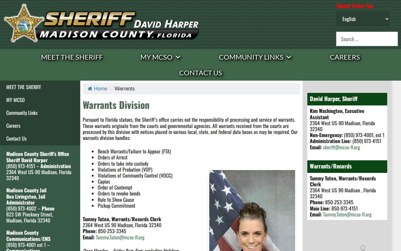 Madison County warrant verification page from the Sheriff's Office